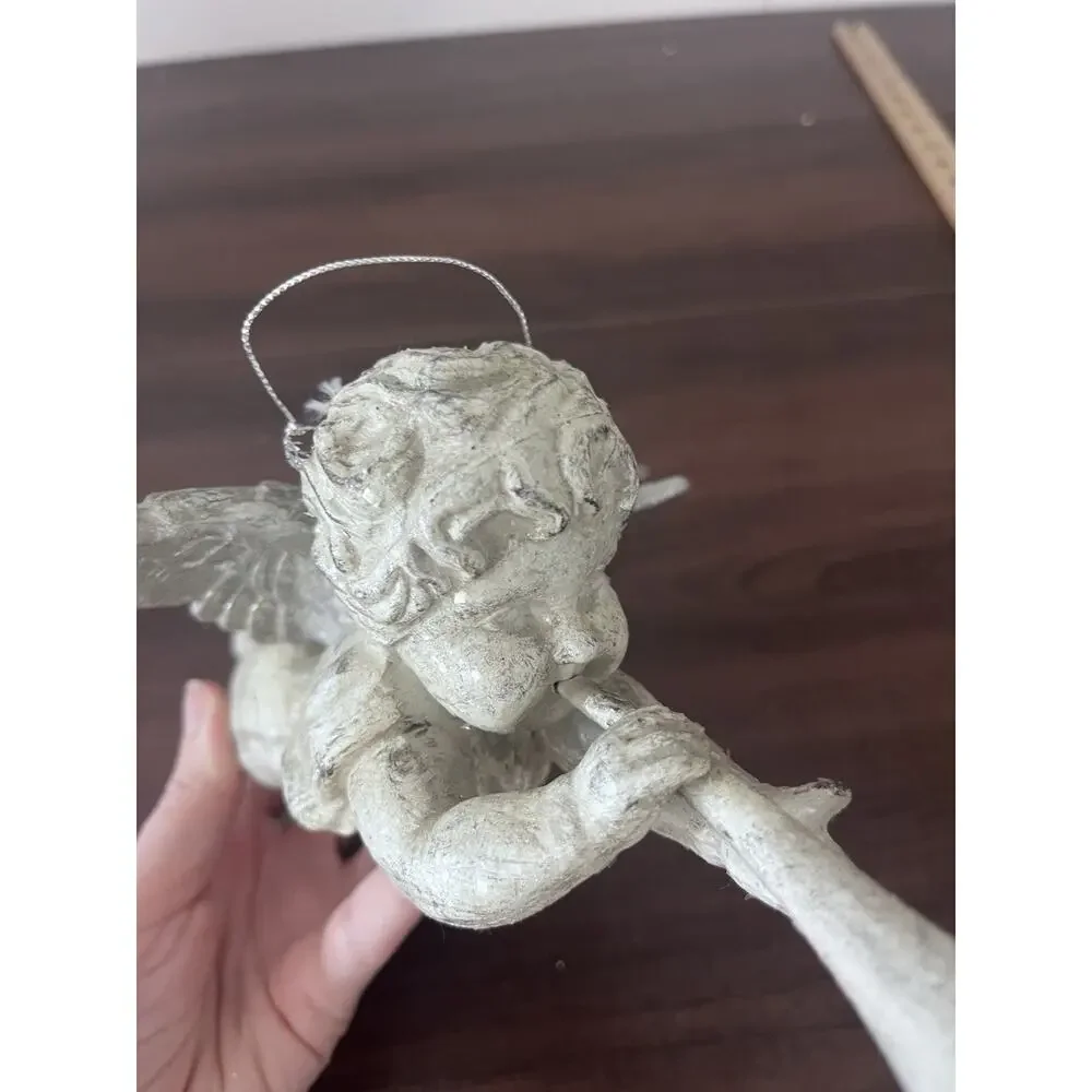Vintage Angel Cherub Ornament Playing Horn Large Resin